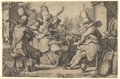 Due uomini elegantemente vestiti e una donna in un giardino, 1613-41 da Jan van de Velde II