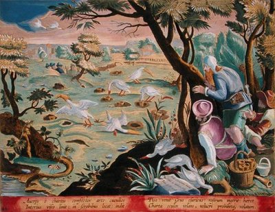 Cacciatori di uccelli che usano un sistema di trappole esche per catturare gru per i loro becchi, tavola 40 