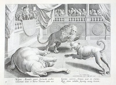 Alessandro Magno mette in scena uno spettacolo, lotta tra leone, cane ed elefante, illustrazione da 
