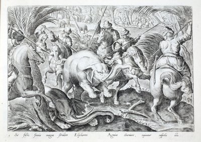 Gli elefanti fanno un grande rumore mentre vengono colpiti dalle lance dei cacciatori, illustrazione da 