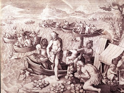 Pesca delle ostriche. XVII secolo. Incisione di Giovanni Stradano (Jan Van Der Straet) (Johannes Stradanus) (1523-1605). da Jan van der Straet