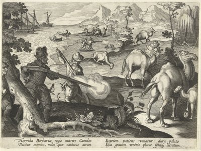 Marinai in un paese barbaro orribile uccidono cammelli con moschetti per alleviare la loro fame, illustrazione da 