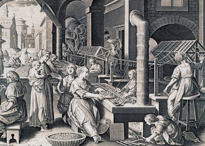 Vermis sericus, donne che filano seta e riscaldano bachi da seta sul fuoco, incisione di Stradanus (1523-1605), Italia da Jan van der Straet