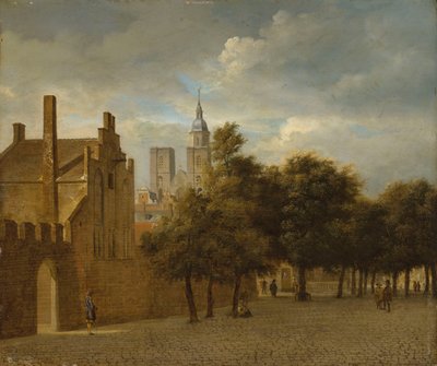 Un paesaggio urbano con figure che passeggiano, una chiesa al di là di esso da Jan van der Heyden