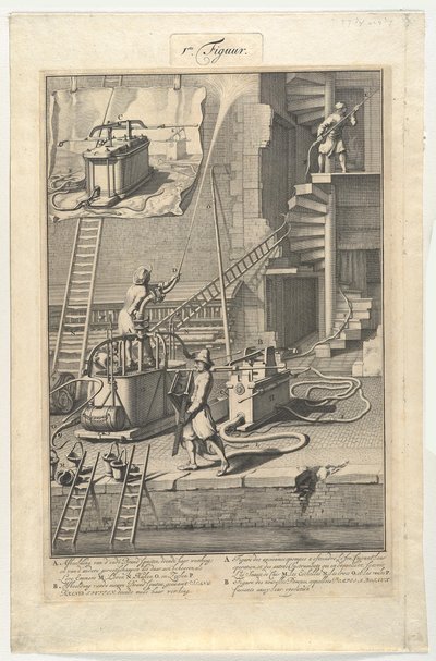 Vecchie pompe antincendio e nuove pompe antincendio a tubo flessibile da Jan van der Heyden