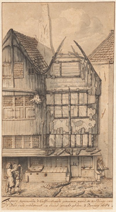 Due case bruciate nella Oude Nieuwstraat, 1682 da Jan van der Heyden