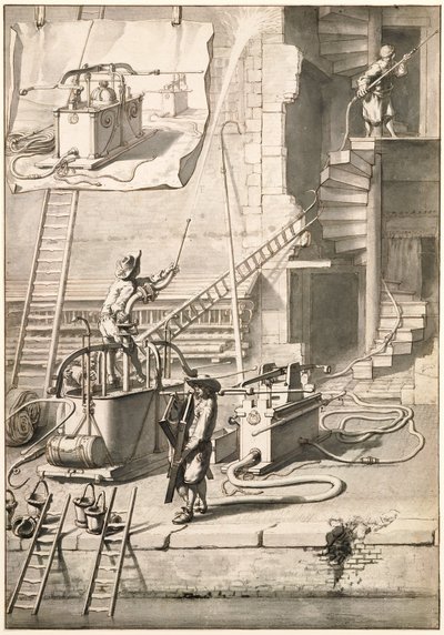 Confronto tra le vecchie pompe antincendio e la pompa antincendio di Van der Heyden da Jan van der Heyden