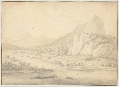 Paesaggio fluviale montuoso con barche da Jan van der Meer (II)