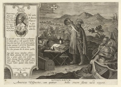 Amerigo Vespucci scopre la Croce del Sud con un astrolabio, pub. 1600 da Jan van der Straet