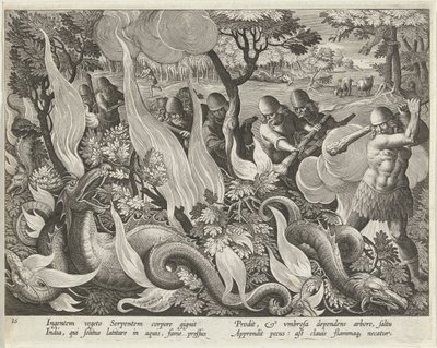 Cattura di serpenti in India usando bastoni e torce per illuminare la boscaglia, incisione pubblicata nel 1640 da Jan van der Straet