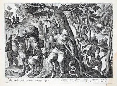 I cacciatori usano lance o fucili caricati con piombo per cacciare il cinghiale di montagna, illustrazione da 