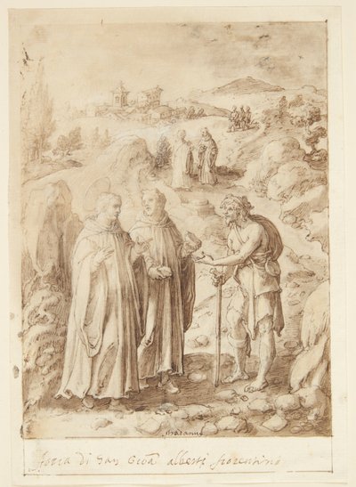 Storia di San Giovanni Alberti Fiorentino. Il santo e il monaco accompagnatore danno il loro ultimo pane a un mendicante da Jan van der Straet