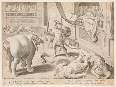 Un soldato romano che combatte uno degli elefanti di Annibale, tav. 7 nella serie Venationes Ferarum, Avium, Piscium da Jan van der Straet, called Stradanus