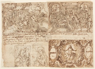 In alto a sinistra: Paesaggio boscoso con Elia svegliato e nutrito da un angelo sul Monte Horeb (1 Re 19:5-6); In alto a destra: Il banchetto del re Assuero (Ester 1:1-6); In basso a destra: Cristo circondato da angeli con l