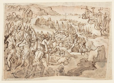 Conquista delle Filippine, disegno preliminare per pittura a grisaille realizzata dal figlio di Stradanus, Scipione, per le esequie in memoria di Filippo II di Spagna, tenutesi a San Lorenzo a Firenze il 12 novembre 1598 da Jan van der Straet, called Stradanus