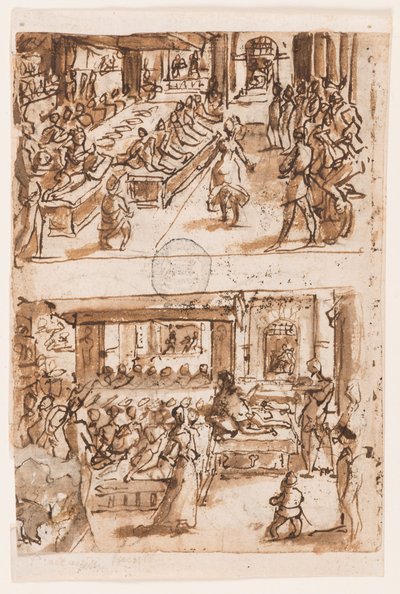 Danza di Salomè; Verso, sopra: Interpretazione di Daniele del secondo sogno del Re Nabucodonosor, progetto preliminare per "Spiritus Consilii" (Lo Spirito del Consiglio), tavola 3 nella serie di stampe "I Sette Doni dello Spirito Santo"; Verso, sotto: Due  da Jan van der Straet, called Stradanus