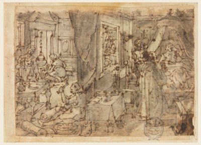 Scoperta del guaiaco come cura per la malattia venerea, progetto per "Hyacum et lues venerea," tavola 6 nella serie di stampe Nova Reperta (Nuove invenzioni dei tempi moderni) da Jan van der Straet, called Stradanus