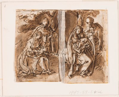 Mezza pagina di un taccuino; Vergine e Bambino e una terza figura da Jan van der Straet, called Stradanus