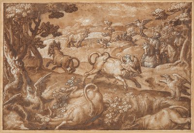 Uomini che cacciano tori con aquile da Jan van der Straet, called Stradanus