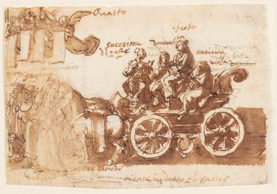 Pagina di un taccuino; Carro e tre cavalli da Jan van der Straet, called Stradanus