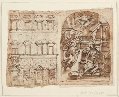 Pagina di un taccuino; Elevazione del Palazzo, Annunciazione, Ultima Cena da Jan van der Straet, called Stradanus