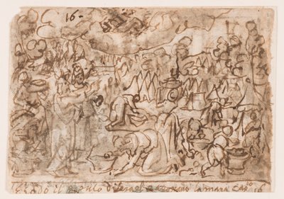 Pagina di un taccuino; Esodo - raccolta della manna; Sacrificio da Jan van der Straet, called Stradanus