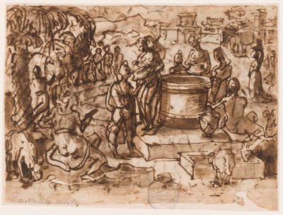 Pagina di un taccuino; Mosè e le figlie di Jethro da Jan van der Straet, called Stradanus
