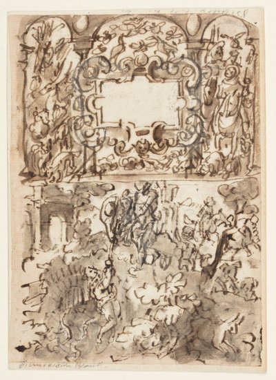 Pagina di un taccuino; pagina del titolo per la serie di incisioni sulla caccia; incidente di un cacciatore da Jan van der Straet, called Stradanus