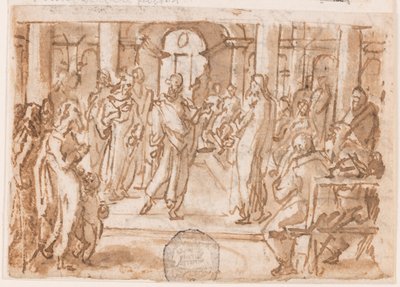 Pietro e Giovanni interrogati dal Consiglio Supremo, disegno preliminare per "Spiritus Scientiae" (Lo Spirito della Scienza), tavola 5 nella serie di stampe "I sette doni dello Spirito Santo" da Jan van der Straet, called Stradanus