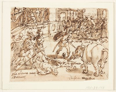 Recto: Un soldato romano combatte uno degli elefanti di Annibale; Verso: iscrizione relativa alla Storia Naturale di Plinio il Vecchio, Libro 8, cap.7 da Jan van der Straet, called Stradanus