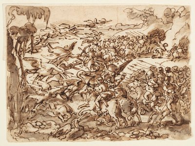 Recto: Battaglia tra Pigmei e Gru; Verso: iscrizione relativa alla Storia Naturale di Plinio il Vecchio, Libro 7, cap. 2 da Jan van der Straet, called Stradanus