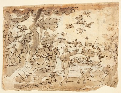 Recto: Caccia agli Uccelli con Falchi; Verso: Lunetta decorata con animali, capricorno e fogliame da Jan van der Straet, called Stradanus