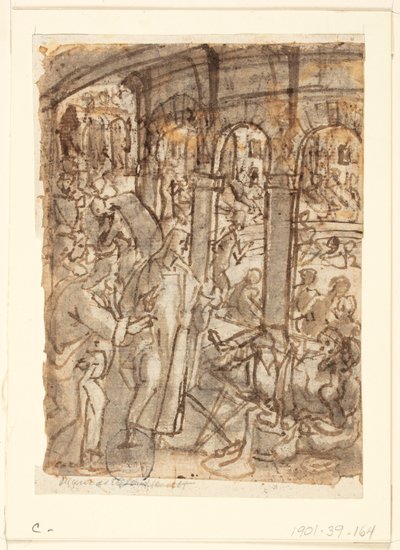 Recto: Cristo guarisce i paralitici vicino alla piscina di Bethesda; Verso, sopra: Mercurio, patrono dei viaggiatori; Verso, sotto: studi di un uomo vicino a una porta aperta da Jan van der Straet, called Stradanus