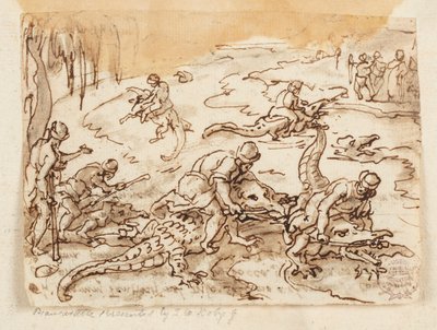 Recto: Caccia al coccodrillo a Tentyra, in Egitto; Verso: iscrizione relativa alla Storia Naturale di Plinio il Vecchio, Libro 7, cap. 38 da Jan van der Straet, called Stradanus