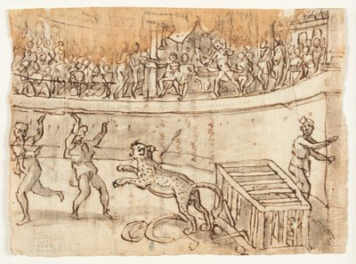 Recto: Imperatore Commodo che Uccide un Leopardo; Verso: Schizzo di Luigi Alamanni, e iscrizione di sua mano relativa alla Historiae di Erodiano, I, 15, 6-7 da Jan van der Straet, called Stradanus