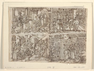 Recto: Quattro disegni preliminari per la serie di stampe "Vermis Sericus" (Produzione della seta). In alto a sinistra: Avvolgimento della seta. In basso a sinistra: preparazione delle foglie di gelso. In alto a destra: disposizione delle foglie sugli scaf da Jan van der Straet, called Stradanus