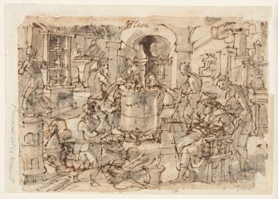 Recto: Invenzione della distillazione, disegno preliminare per "Distillatio," tavola 7 nella serie di stampe Nova Reperta (Nuove Invenzioni dei Tempi Moderni) da Jan van der Straet, called Stradanus