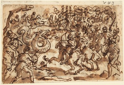 Recto: Il console romano Attilio Regolo combatte un gigantesco serpente africano, da Storia Naturale di Plinio, Libro 8, cap. 14; Verso: Tolomeo cattura un gigantesco serpente con una rete, da Biblioteca Storica di Diodoro Siculo III, 37 da Jan van der Straet, called Stradanus