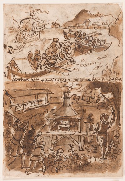 Recto, sopra: Raccolta di bitume, dalla Storia naturale di Plinio, Libro 35, cap 51; Recto, sotto: Cattura di falene notturne. Verso, sopra: Caccia al bufalo; Verso, sotto: Pesca del corallo in Sicilia, dalla Storia naturale di Plinio il Vecchio da Jan van der Straet, called Stradanus