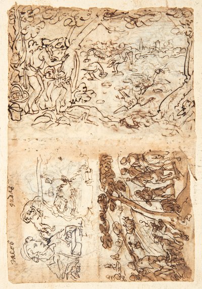 Recto, sopra: Caccia alla gru usando coni; Sotto, sinistra: Giacobbe, mezza figura; leone con una benda sugli occhi; mappa di fortificazioni; Sotto destra: Caccia alla volpe. Verso, sopra sinistra: Caccia allo storno; sotto sinistra: Caccia al leone con to da Jan van der Straet, called Stradanus