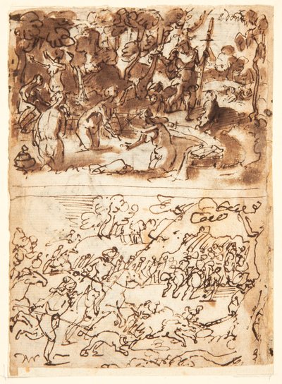 Recto, sopra: Diana e Atteone; Recto, sotto: Caccia al Cinghiale; Verso, sopra: studi di due teste maschili; Verso, sotto: Incontro di Anna e Gioacchino alla Porta d