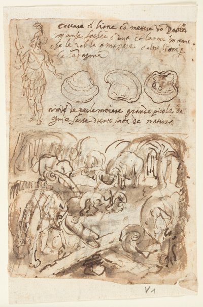 Figura indiana in piedi, conchiglie di ostriche. Elefanti che si aiutano a uscire da una trappola, dalla Storia Naturale di Plinio, Libro 8, cap. 8; Usare il fuoco per uccidere i serpenti d