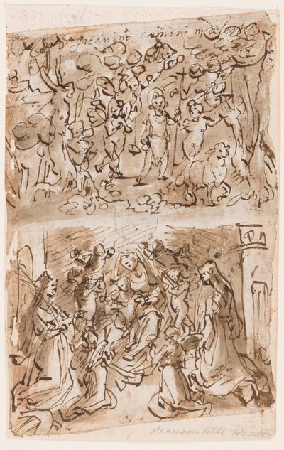Giovane San Giovanni Battista guidato dagli angeli nel deserto; Sacra Conversazione con Sante Barbara e Caterina; Crocifissione; Cristo guarisce i paralitici vicino alla piscina di Bethesda da Jan van der Straet, called Stradanus