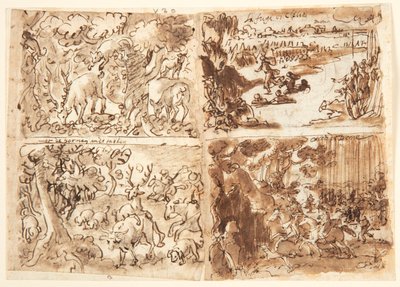 Recto, in alto a sinistra: Cervo attaccato da una lince; in alto a destra: Clelia e le sue compagne fuggono dal campo di Porsenna; in basso a destra: Donne che cacciano; in basso a sinistra: Caccia al cervo, con un cervo che nasconde il suo odore. Verso: D da Jan van der Straet, called Stradanus