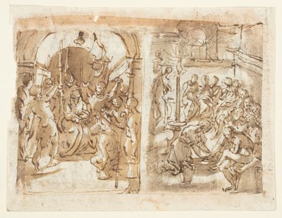 Recto, sinistra: La Derisione di Cristo; Recto, destra: Cristo lava i Piedi agli Apostoli; Verso: Esecuzione di Maria Stuarda, Regina di Scozia nel 1587 da Jan van der Straet, called Stradanus