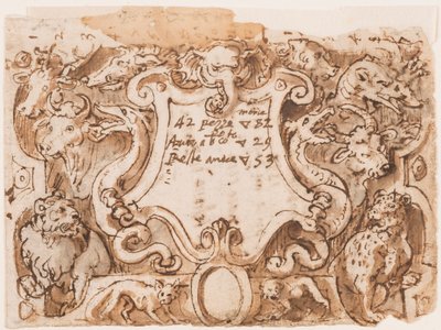 Recto: disegno preliminare per la pagina del titolo della serie di stampe Venationes Ferarum Arium Piscium; Verso: note di Stradanus sui pagamenti a un sarto da Jan van der Straet, called Stradanus