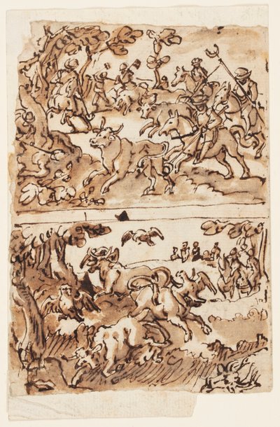 Pagina di taccuino con cacce al toro da Jan van der Straet, called Stradanus