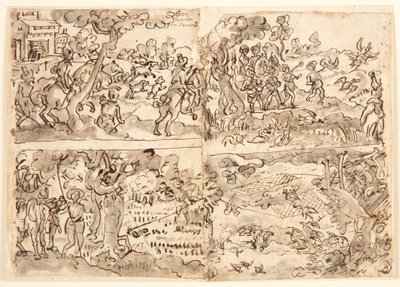 Pagina di taccuino con quattro scene di caccia da Jan van der Straet, called Stradanus