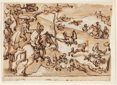 Pagina di taccuino con caccia alla lepre e falchi da Jan van der Straet, called Stradanus