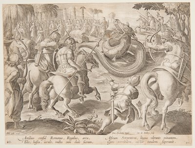 Il console romano Attilio Regolo combatte un gigantesco serpente africano, tavola 25 nella serie Venationes Ferarum da Jan van der Straet, called Stradanus